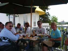 Ramblers enjoy a loooonng lunch on the deck overlooking the yacht club, in Ashland, WI 
